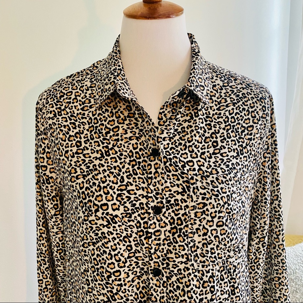 Beach Lunch Lounge Leopard Print Long-sleeve Collared Top/Blouse